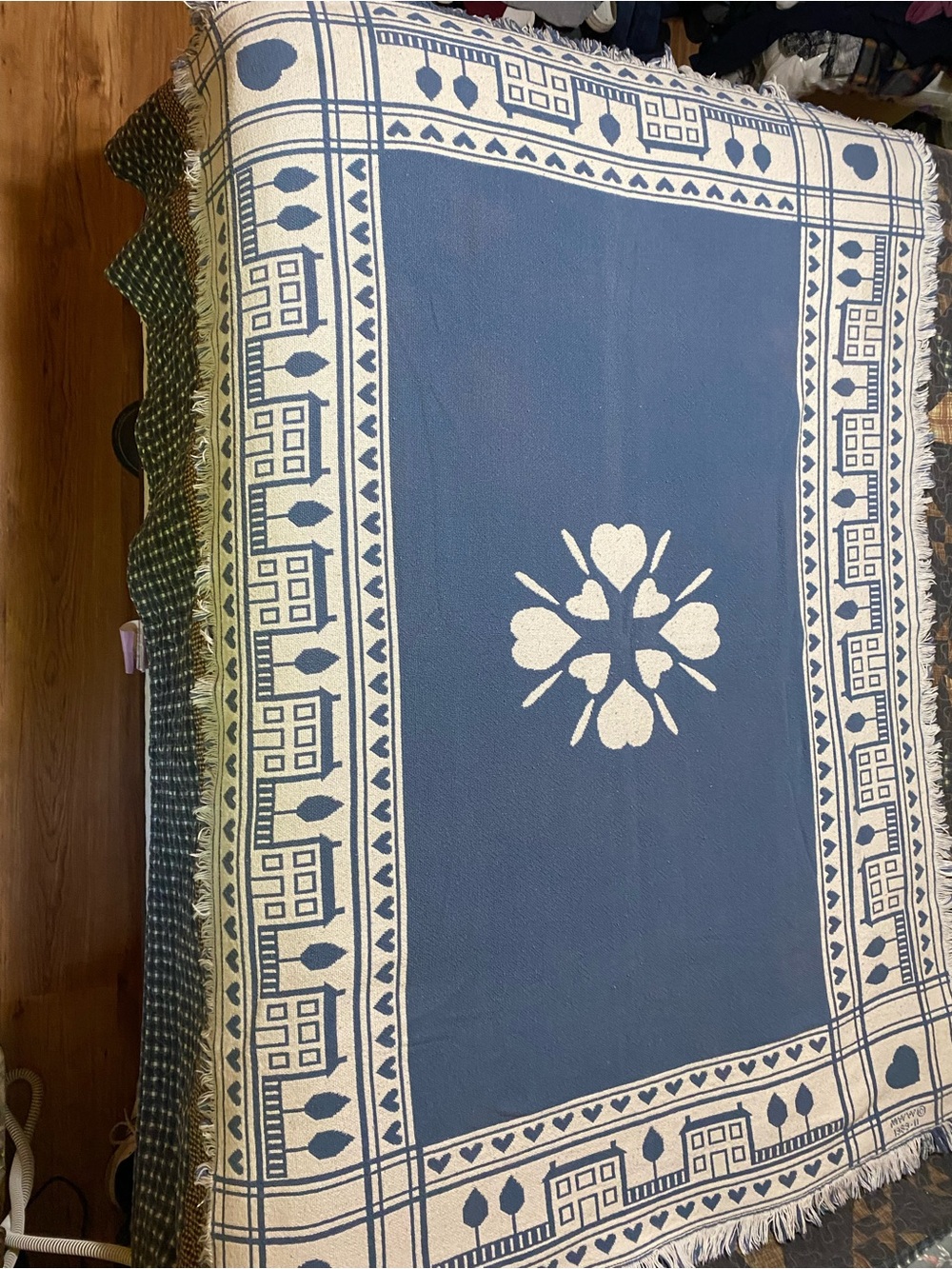 Source Unknown Blue and White Heart Motif Tapestry Vintage dated 1989